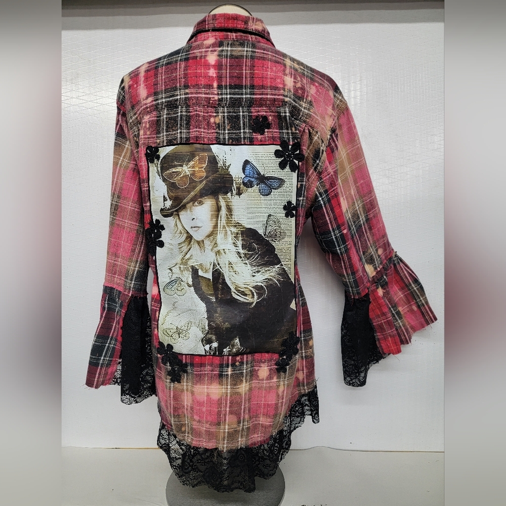 **SOLD******Stevie Nicks Flannel Shirt Shacket With Gypsy Bell Sleeves Upcycled